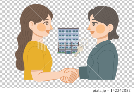 An illustration showing a real estate transaction for an apartment being completed, with a female client and a female sales representative shaking hands. An illustration showing a real estate transaction for an apartment being completed, with a female client and a female sales representative shaking hands. 142242082