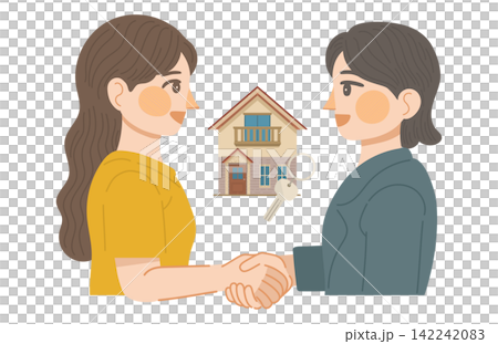 An illustration showing a real estate transaction for a detached house being completed, with a female customer and a female sales representative shaking hands. An illustration showing a real estate transaction for a detached house being completed, with a female customer and a female sales representative shaking hands. 142242083