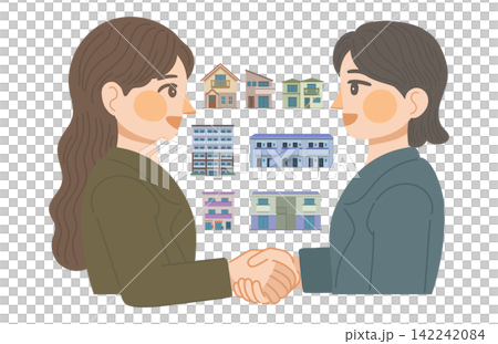 An illustration of two real estate agents shaking hands. An illustration of two real estate agents shaking hands. 142242084