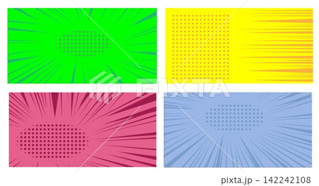 Manga set comic background with speed action effect. Vector radial green, red, yellow, blue line frame cartoon pattern anime explosion, black line comic book action 142242108