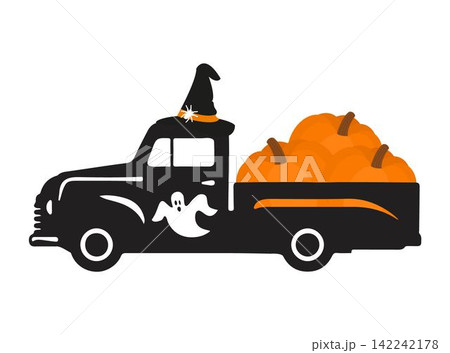 Halloween truck silhouette with orange pumpkin 142242178