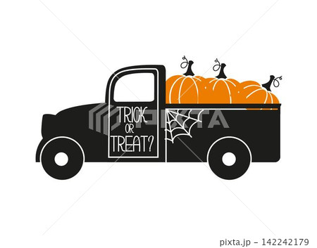 Halloween truck silhouette with orange pumpkin 142242179