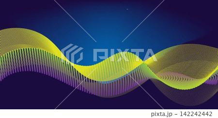 Abstract yellow violet  gradient flowing wave lines on blue background. Modern colorful wavy lines pattern design element. Good for poster, website, banner, presentation, cover, brochure, flyer, 142242442