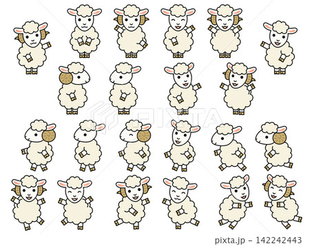 線画つきの白い二足歩行の羊のキャラクターのイラストセット 線画つきの白い二足歩行の羊のキャラクターのイラストセット 142242443