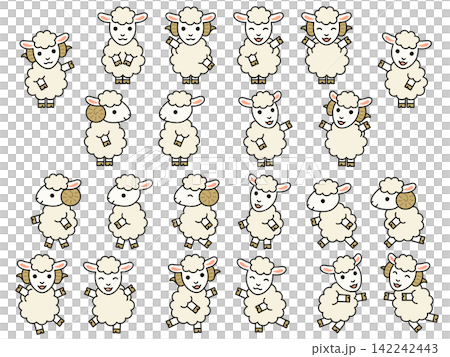 線画つきの白い二足歩行の羊のキャラクターのイラストセット 線画つきの白い二足歩行の羊のキャラクターのイラストセット 142242443