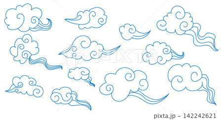 Set korean retro style clouds, asian illustration , line art vector decoration elements for banners, posters, cards Set korean retro style clouds, asian illustration , line art vector decoration elements for banners, posters, cards 142242621