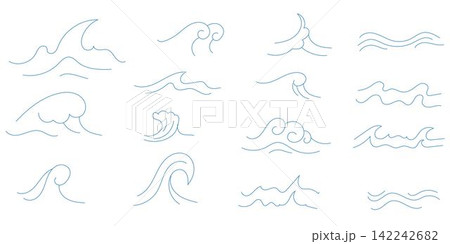Line sea water wave. Marine aqua flowing waves icons. Decorative outline contours curly and swirly river, ocean liquid. Zigzag horizontal sea and ocean water elements isolated on white background Line sea water wave. Marine aqua flowing waves icons. Decorative outline contours curly and swirly river, ocean liquid. Zigzag horizontal sea and ocean water elements isolated on white background 142242682