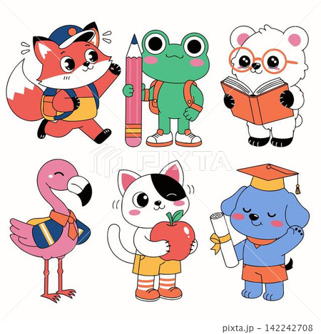 This image features six cartoon animals getting ready for school, including a fox running with a backpack, a bear reading a book, and a dog holding a diploma 142242708