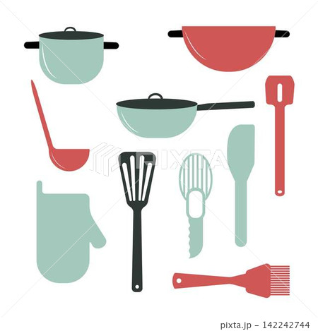 Set of kitchen appliaances, pot, chopper, pan. Flat vector isolated 142242744