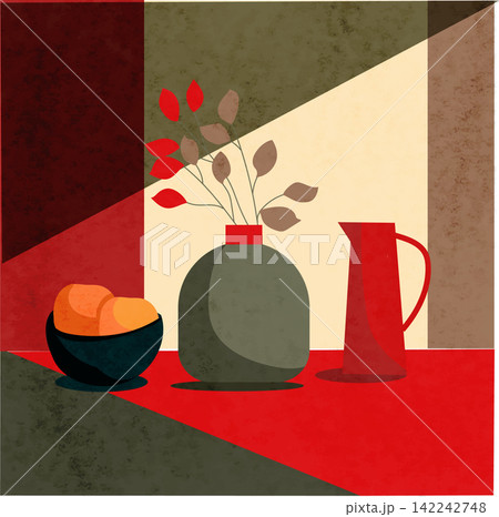 Modern still life boho flat vector bright red and green, illustration.Vase flora interior. Modern poster, banner, cover, social media content Modern still life boho flat vector bright red and green, illustration.Vase flora interior. Modern poster, banner, cover, social media content 142242748