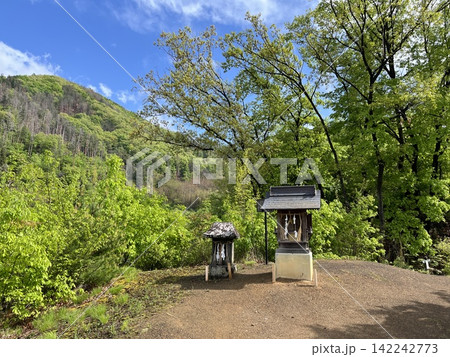 初夏、新緑に包まれる山間の神社 142242773