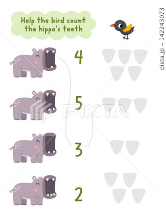 Match the numbers safari game with hippopotamus and teeth. Savanna nature math activity for preschool kids. African savannah wildlife educational counting worksheet with cute animal 142243073