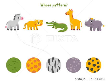 Safari matching activity with cute animals and their skin patterns. Woodland puzzle with zebra, leopard, crocodile, giraffe, rhinoceros. Match object game with fur ornament. Wildlife printable 142243085