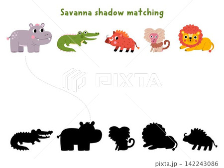 Savanna shadow matching activity with wild animals. Safari puzzle with hippo, crocodile, warthog. African savannah find correct silhouette printable worksheet, game with baboon, lion 142243086