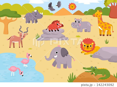 Horizontal cartoon African animals landscape. Nature savanna background with trees, plants, cliffs, lake. Safari wildlife horizontal scene with elephant, hippo, giraffe, lion, flamingos, antelope, 142243092