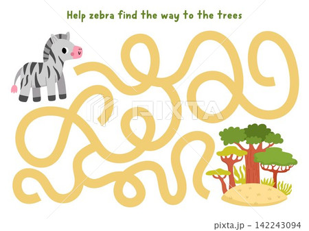 Safari maze for children with zebra going to acacia and baobab tree forest. Savanna labyrinth game for kids. Savannah printable activity, worksheet with cute African animal. Funny nature page 142243094