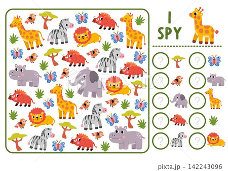 Safari I spy game for kids. Searching and counting activity with savanna animals, birds. Wildlife printable worksheet for children. Simple African savannah spotting puzzle with elephant, giraffe, 142243096