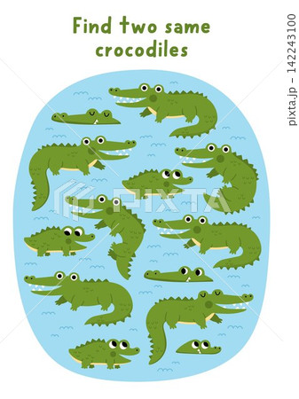 Find two same crocodiles in lake. Safari animals matching activity for children. African savanna educational quiz worksheet for kids. Savannah printable game with cute alligators in water 142243100