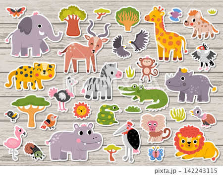 Safari animals stickers set for kids. Vector patches collection with African birds, insects, trees, plants. Cartoon savanna pack. Cute lion, elephant, zebra, giraffe clipart. Savannah wildlife Safari animals stickers set for kids. Vector patches collection with African birds, insects, trees, plants. Cartoon savanna pack. Cute lion, elephant, zebra, giraffe clipart. Savannah wildlife 142243115
