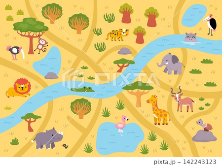 Vertical cartoon savanna map with animals. Nature safari landscape with baobab, acacia, lion, elephant, giraffe, monkey. Wildlife African savannah background scene with trees, river, roads, path, lake Vertical cartoon savanna map with animals. Nature safari landscape with baobab, acacia, lion, elephant, giraffe, monkey. Wildlife African savannah background scene with trees, river, roads, path, lake 142243123