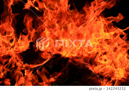 Vibrant Red and Orange Fire Flames Blaze Isolated on Black Background 142243232
