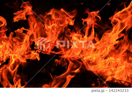 Vibrant Red and Orange Fire Flames Blaze Isolated on Black Background 142243233