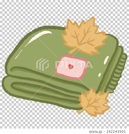 Cozy folded olive green blanket decorated with golden autumn maple leaves and a tiny pink heart patch warm fall cottagecore illustration Cozy folded olive green blanket decorated with golden autumn maple leaves and a tiny pink heart patch warm fall cottagecore illustration 142243501