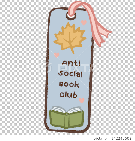 Cute blue autumn bookmark with golden maple leaf pink ribbon hearts open book and Anti Social Book Club quote cozy bookish illustration 142243502