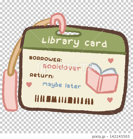 Cute vintage library card tag with Booklover borrower and Maybe Later return date quote pink hearts open book and barcode cozy bookish illustration Cute vintage library card tag with Booklover borrower and Maybe Later return date quote pink hearts open book and barcode cozy bookish illustration 142243503