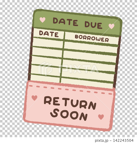 Cute retro library due date card with green and pink design hearts borrower table and Return Soon quote cozy book lover illustration Cute retro library due date card with green and pink design hearts borrower table and Return Soon quote cozy book lover illustration 142243504