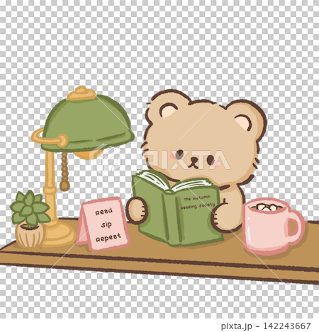 Cute book lover bear reading The Autumn Reading Society at a cozy desk with vintage green lamp plant and pink hot cocoa mug fall illustration 142243667