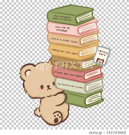 Cute bookish bear carrying a huge stack of autumn romance books with cozy fall titles and library card whimsical reading illustration Cute bookish bear carrying a huge stack of autumn romance books with cozy fall titles and library card whimsical reading illustration 142243668