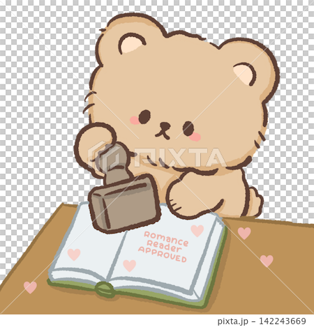 Cute bookish bear stamping an open romance book with Romance Reader Approved quote cozy reading club autumn illustration Cute bookish bear stamping an open romance book with Romance Reader Approved quote cozy reading club autumn illustration 142243669