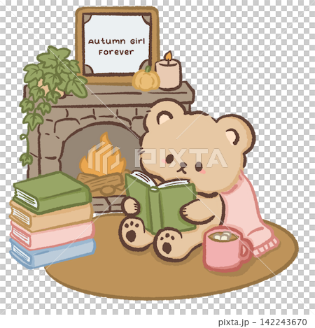 Cute cozy bear reading by a warm fireplace with stacked books hot cocoa pumpkin candle and Autumn Girl Forever sign fall illustration Cute cozy bear reading by a warm fireplace with stacked books hot cocoa pumpkin candle and Autumn Girl Forever sign fall illustration 142243670