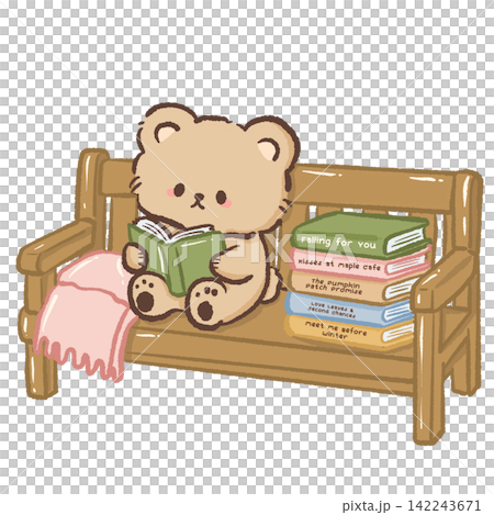 Cute book lover bear reading on a wooden park bench beside a stack of cozy autumn romance books and soft pink blanket fall illustration Cute book lover bear reading on a wooden park bench beside a stack of cozy autumn romance books and soft pink blanket fall illustration 142243671