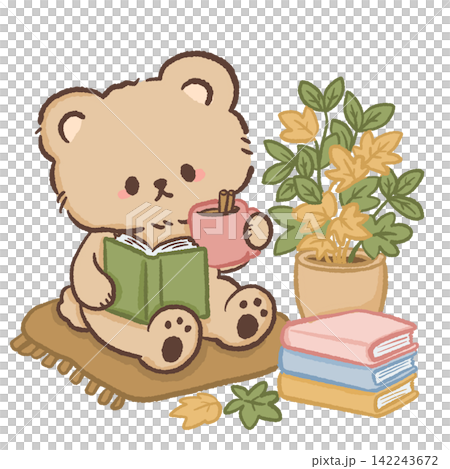 Cute cozy bear reading a green book with hot cinnamon drink autumn leaves potted plant and colorful stacked books warm fall illustration Cute cozy bear reading a green book with hot cinnamon drink autumn leaves potted plant and colorful stacked books warm fall illustration 142243672