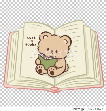 Cute bookish bear sitting inside a giant open book reading a green novel with Lost in Books quote cozy reading illustration Cute bookish bear sitting inside a giant open book reading a green novel with Lost in Books quote cozy reading illustration 142243674