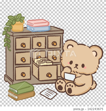Cute librarian bear organizing library catalog cards beside a vintage card cabinet stacked books and trailing plant cozy bookish illustration Cute librarian bear organizing library catalog cards beside a vintage card cabinet stacked books and trailing plant cozy bookish illustration 142243675