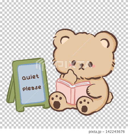Cute book lover bear quietly reading a pink book beside a Quiet Please library sign cozy reading club illustration Cute book lover bear quietly reading a pink book beside a Quiet Please library sign cozy reading club illustration 142243676