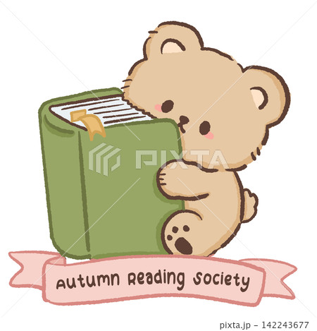 Cute bookish bear hugging a giant green book with Autumn Reading Society banner cozy fall reading club illustration Cute bookish bear hugging a giant green book with Autumn Reading Society banner cozy fall reading club illustration 142243677
