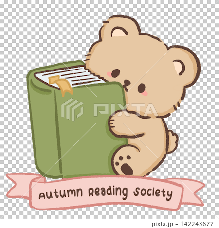 Cute bookish bear hugging a giant green book with Autumn Reading Society banner cozy fall reading club illustration Cute bookish bear hugging a giant green book with Autumn Reading Society banner cozy fall reading club illustration 142243677