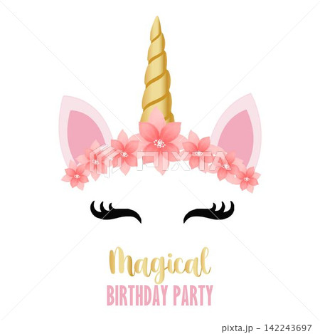 Birthday party invitation with unicorn and flowers 142243697