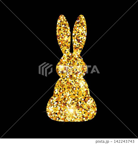 Elegant greeting card design. Happy Easter banner with gold glittering rabbit silhouette on dark background. Cute bunny for branding, label, kids invitation, poster, greeting cards Elegant greeting card design. Happy Easter banner with gold glittering rabbit silhouette on dark background. Cute bunny for branding, label, kids invitation, poster, greeting cards 142243743