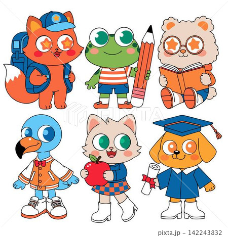 This set includes six cartoon animals dressed in school uniforms of various styles and outfits 142243832