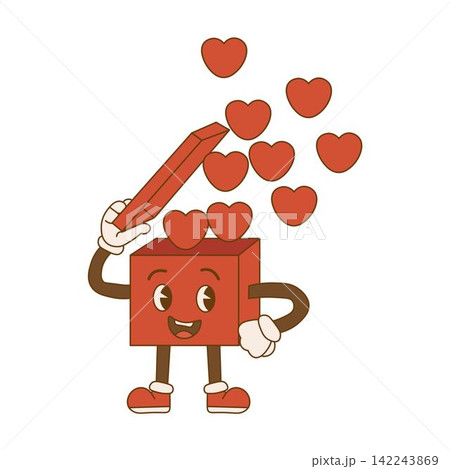 Valentines day gift box in trendy retro cartoon style. Groovy hippie 70s aesthetic.Retro style Valentine's day.Vector illustration Valentines day gift box in trendy retro cartoon style. Groovy hippie 70s aesthetic.Retro style Valentine's day.Vector illustration 142243869