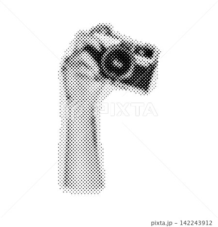 Hand holding vintage photo camera. Trendy halftone style. Collage design in trendy retro 90s magazine style 142243912