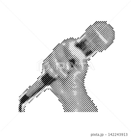 Hands holding microphone. Trendy halftone style. Collage design in trendy retro 90s magazine style 142243913
