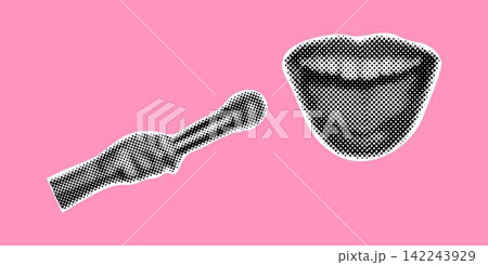 Trendy halftone collage banner. Elements cut out from a magazine, mouth, hand holding microphone. Retro modern design. Isolated on pink background Trendy halftone collage banner. Elements cut out from a magazine, mouth, hand holding microphone. Retro modern design. Isolated on pink background 142243929