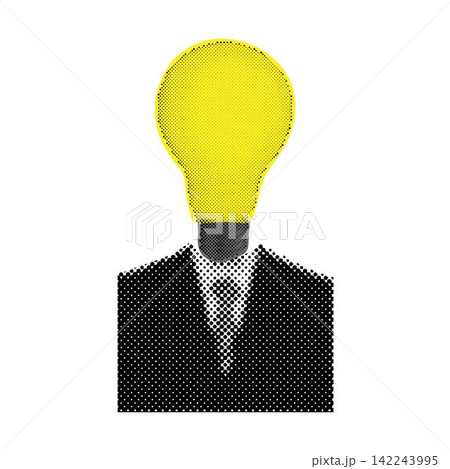 Modern collage with halftone style creative businessman with idea. Creative mind, brainstorm. Smart thinking Modern collage with halftone style creative businessman with idea. Creative mind, brainstorm. Smart thinking 142243995
