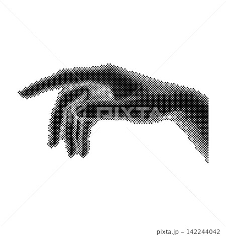 Various gestures of female fingers. Halftone effect, magazine collage, trendy images. Woman hand making sign 142244042